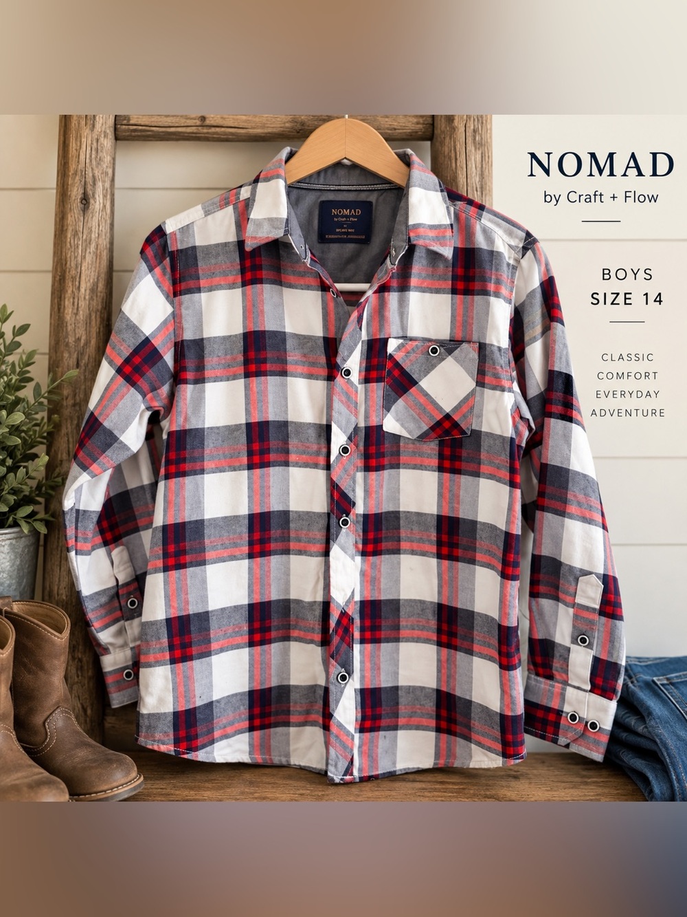 Nomad by Craft + Flow Boys Plaid Flannel Button Down Red Blue White 14